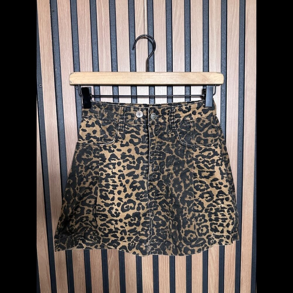 KSUBI Jean Skirt 23 Womens Brown Cheetah Denim Fabric Mini Pleated
